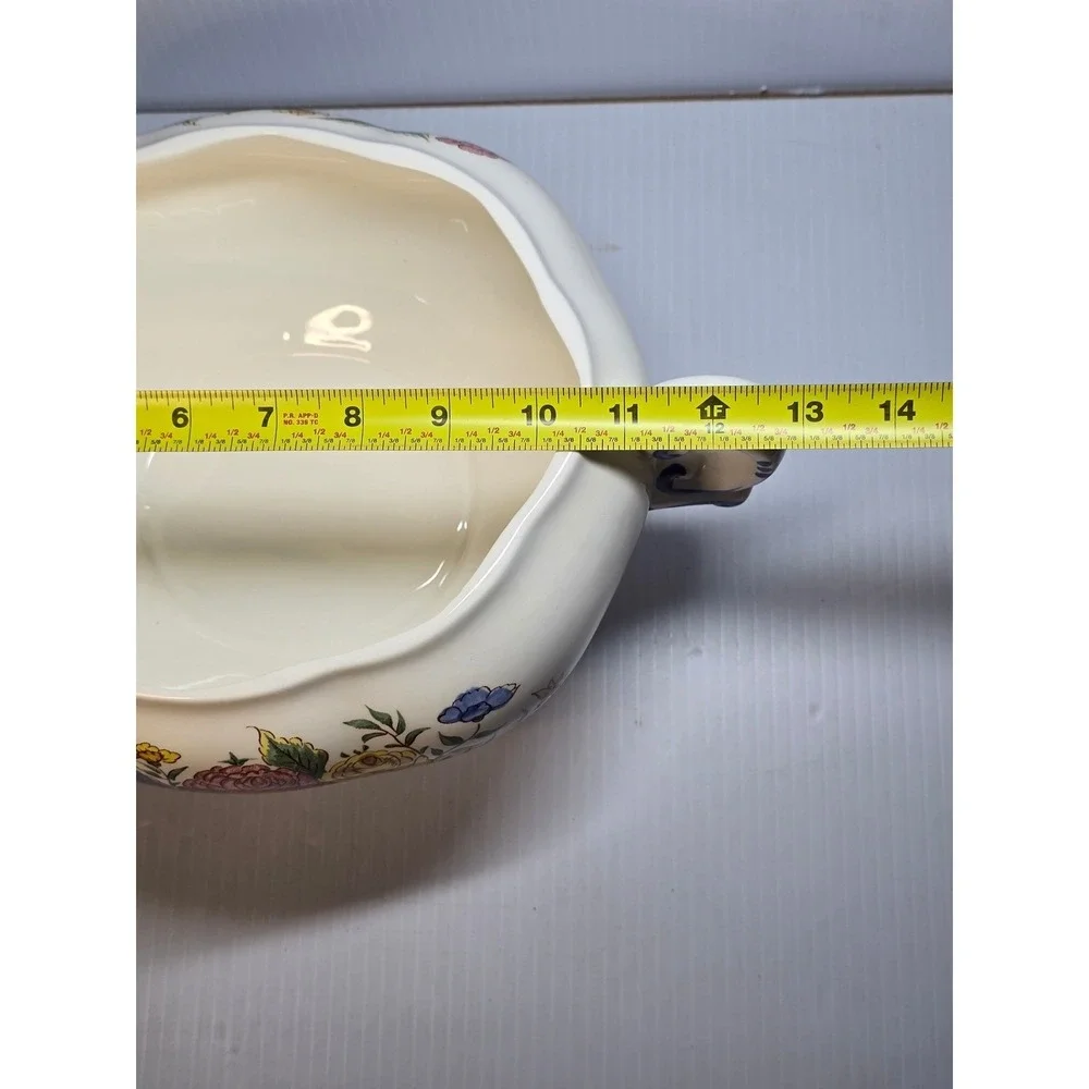 Vintage Ceramic Soup Tureen with Ladle‎ and Underplate Floral Design Blue Trim